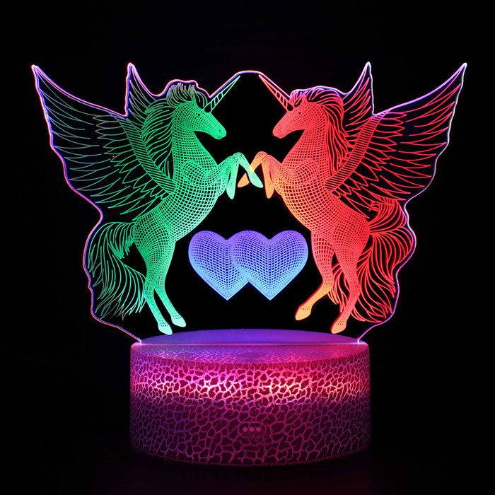 Two Unicorn Hearts 3D Optical Illusion Lamp