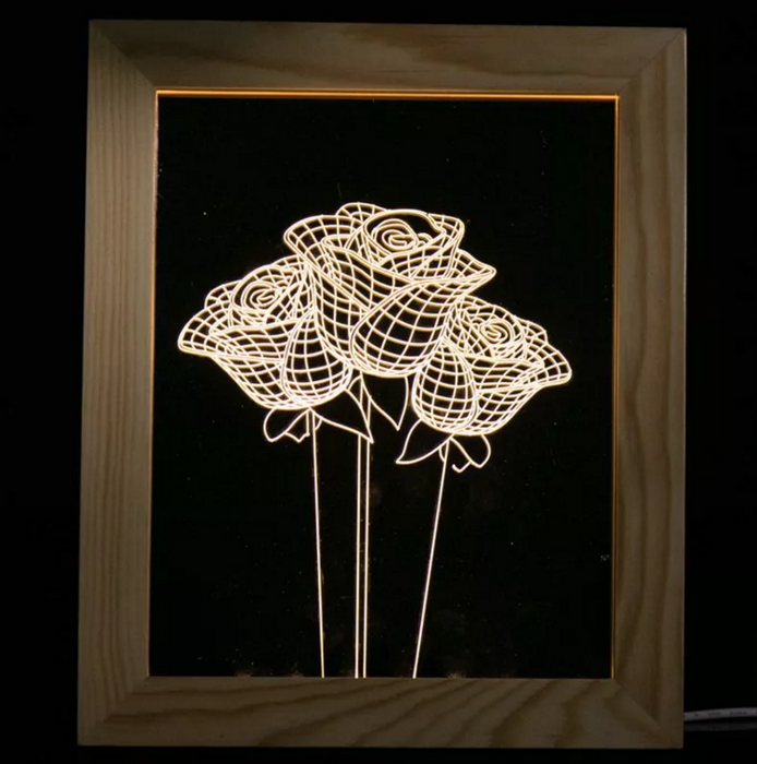 Solid Wood 3D Bedside  Photo Frame Lamp-Rose - 3D Optical Lamp