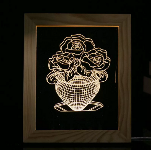 Solid Wood 3D Bedside  Photo Frame Lamp-Rose Vase - 3D Optical Lamp